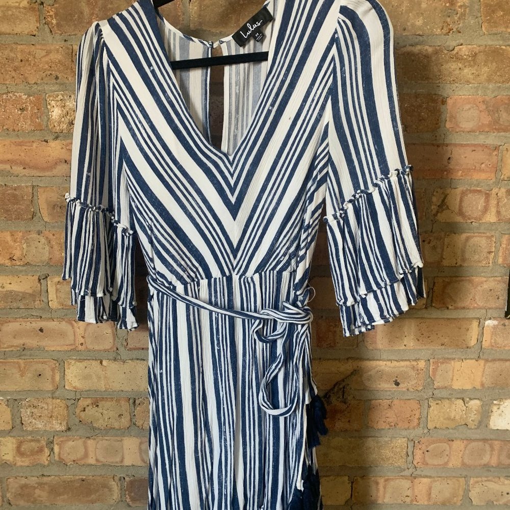 Lulus Blue and White Striped Ruffle Skater Dress